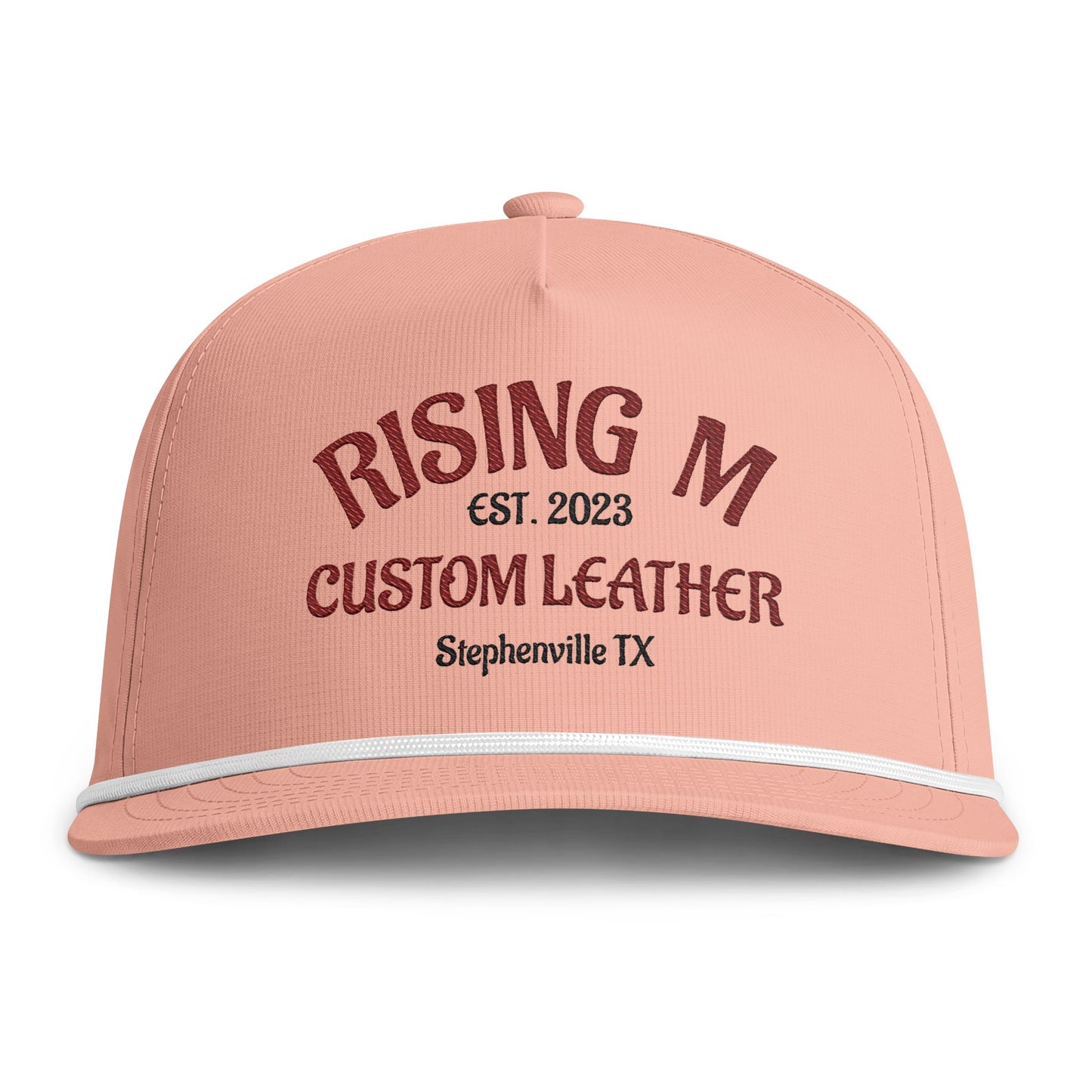 Rising M Custom Leather Rope Cap — Embroidered Sunwashed Trucker Hat (Stephenville TX)