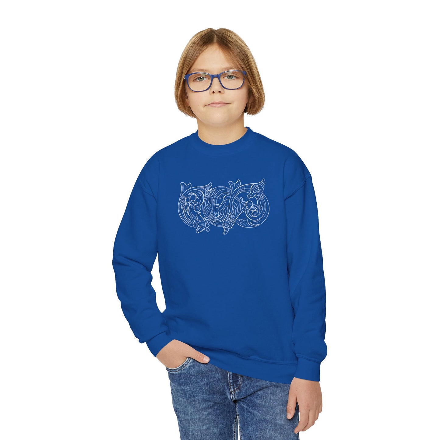 Youth Crewneck Sweatshirt — White Floral Owl Front & 'Rising Custom Leather' Cowboy Back