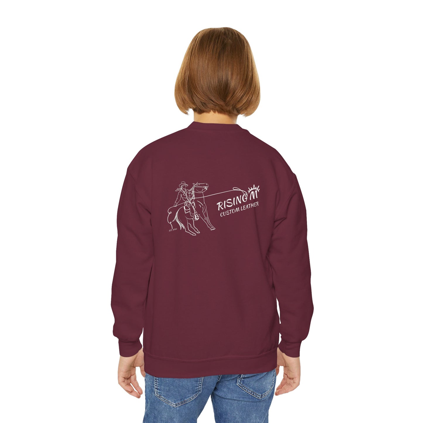 Youth Crewneck Sweatshirt — White Floral Owl Front & 'Rising Custom Leather' Cowboy Back