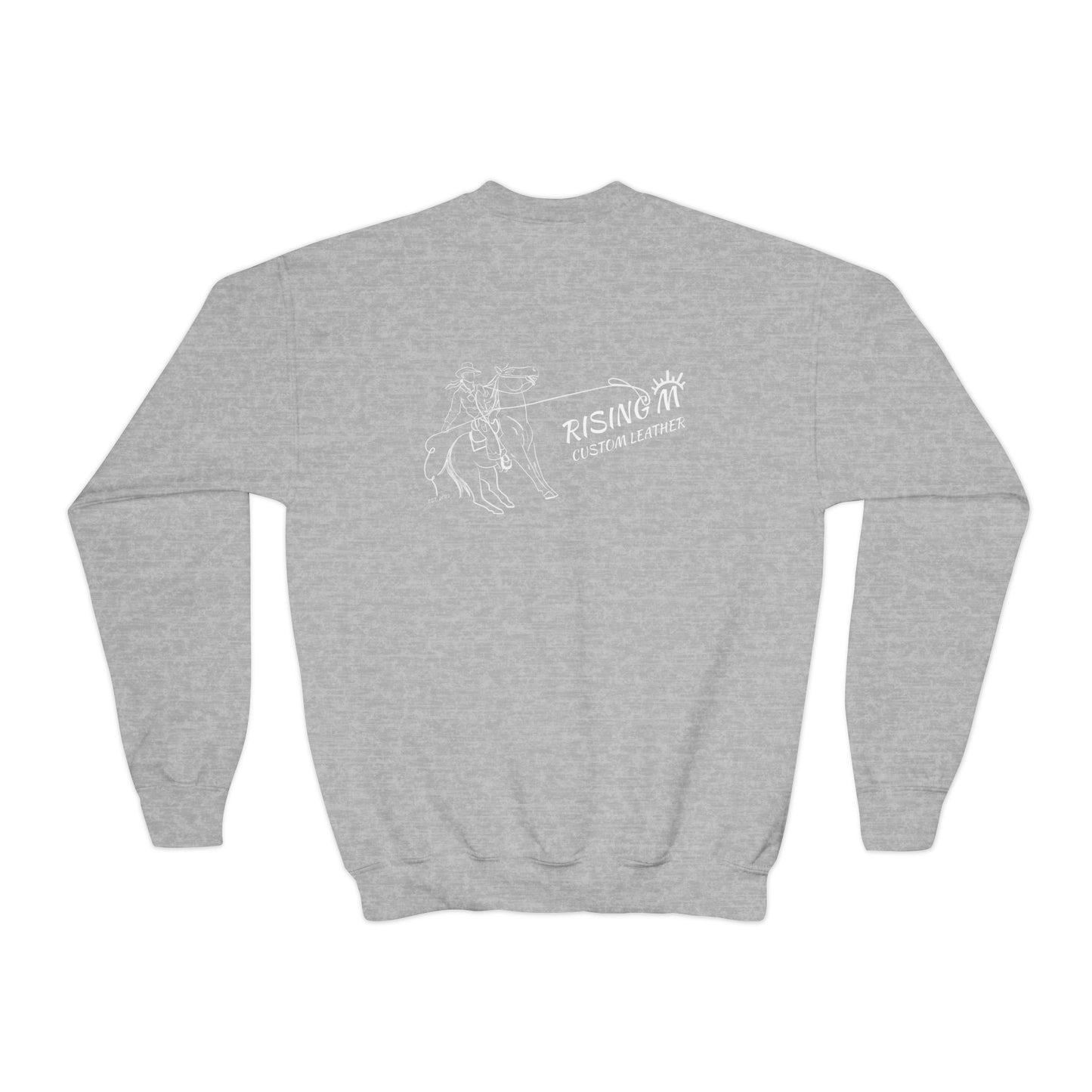 Youth Crewneck Sweatshirt — White Floral Owl Front & 'Rising Custom Leather' Cowboy Back
