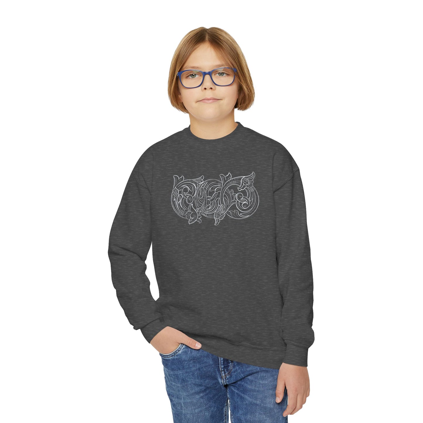 Youth Crewneck Sweatshirt — White Floral Owl Front & 'Rising Custom Leather' Cowboy Back