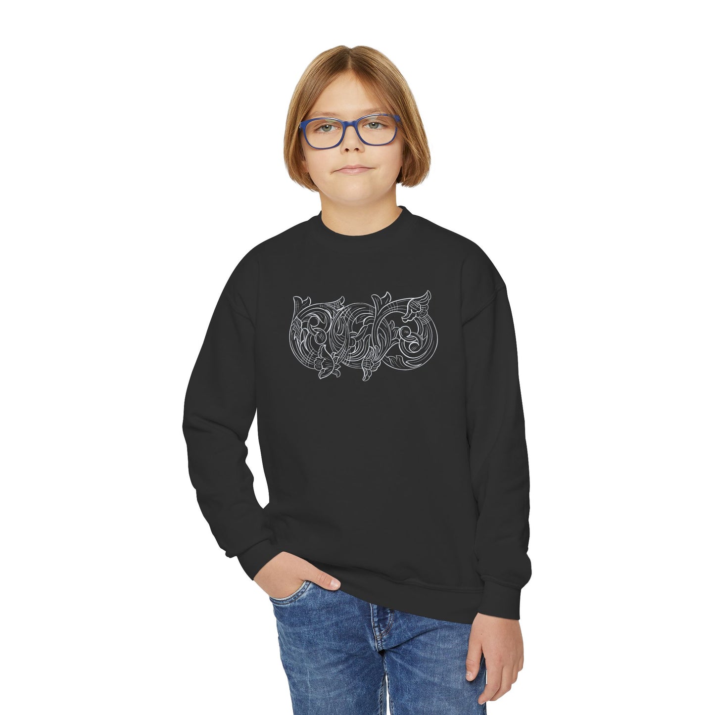 Youth Crewneck Sweatshirt — White Floral Owl Front & 'Rising Custom Leather' Cowboy Back