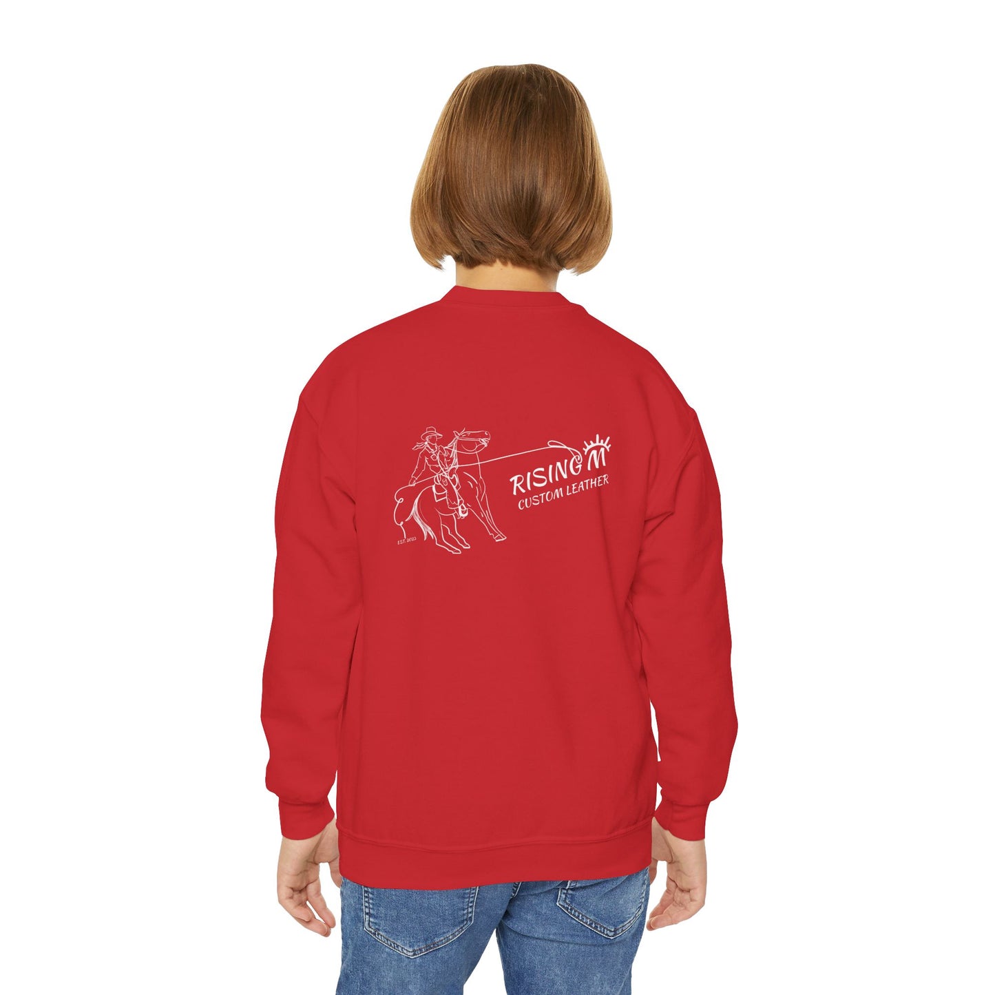 Youth Crewneck Sweatshirt — White Floral Owl Front & 'Rising Custom Leather' Cowboy Back