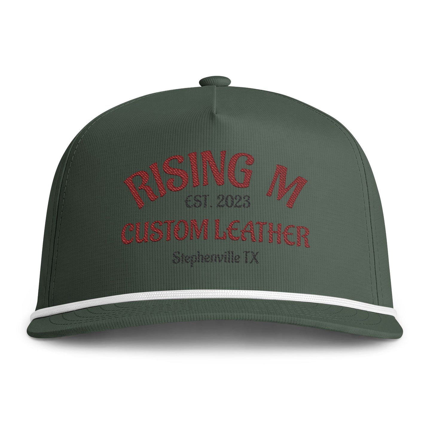 Rising M Custom Leather Rope Cap — Embroidered Sunwashed Trucker Hat (Stephenville TX)