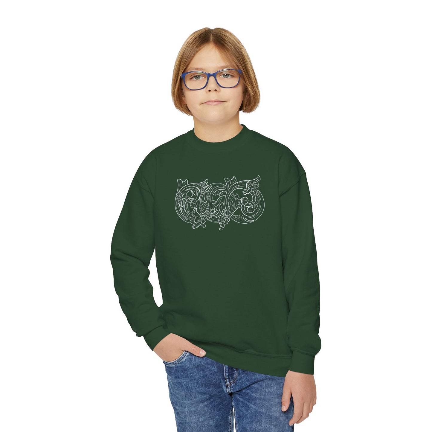 Youth Crewneck Sweatshirt — White Floral Owl Front & 'Rising Custom Leather' Cowboy Back