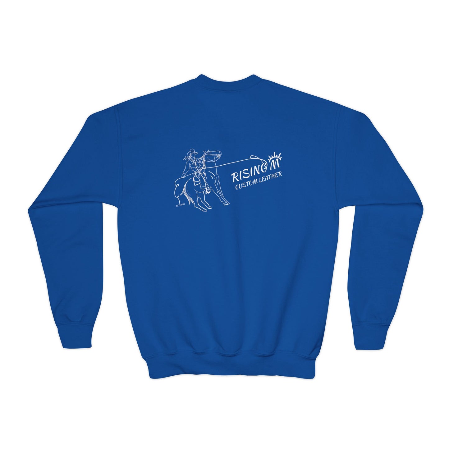 Youth Crewneck Sweatshirt — White Floral Owl Front & 'Rising Custom Leather' Cowboy Back