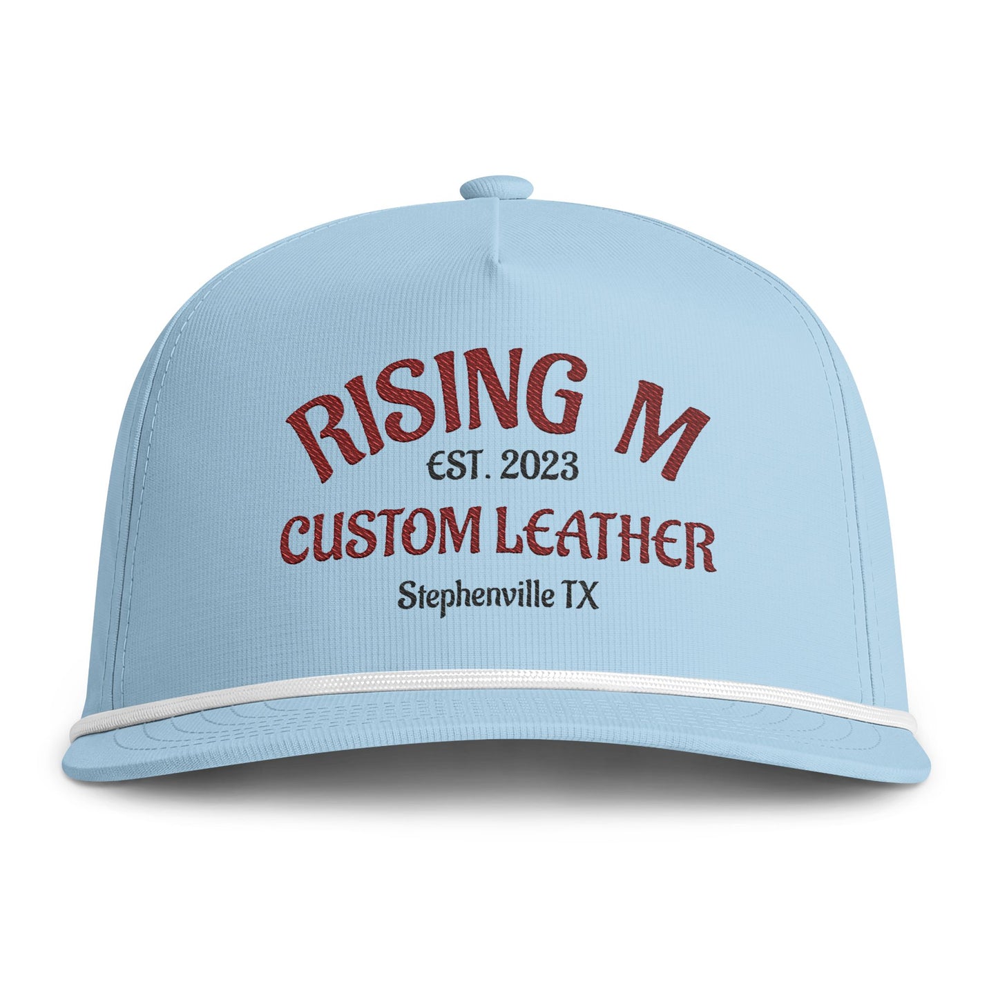 Rising M Custom Leather Rope Cap — Embroidered Sunwashed Trucker Hat (Stephenville TX)