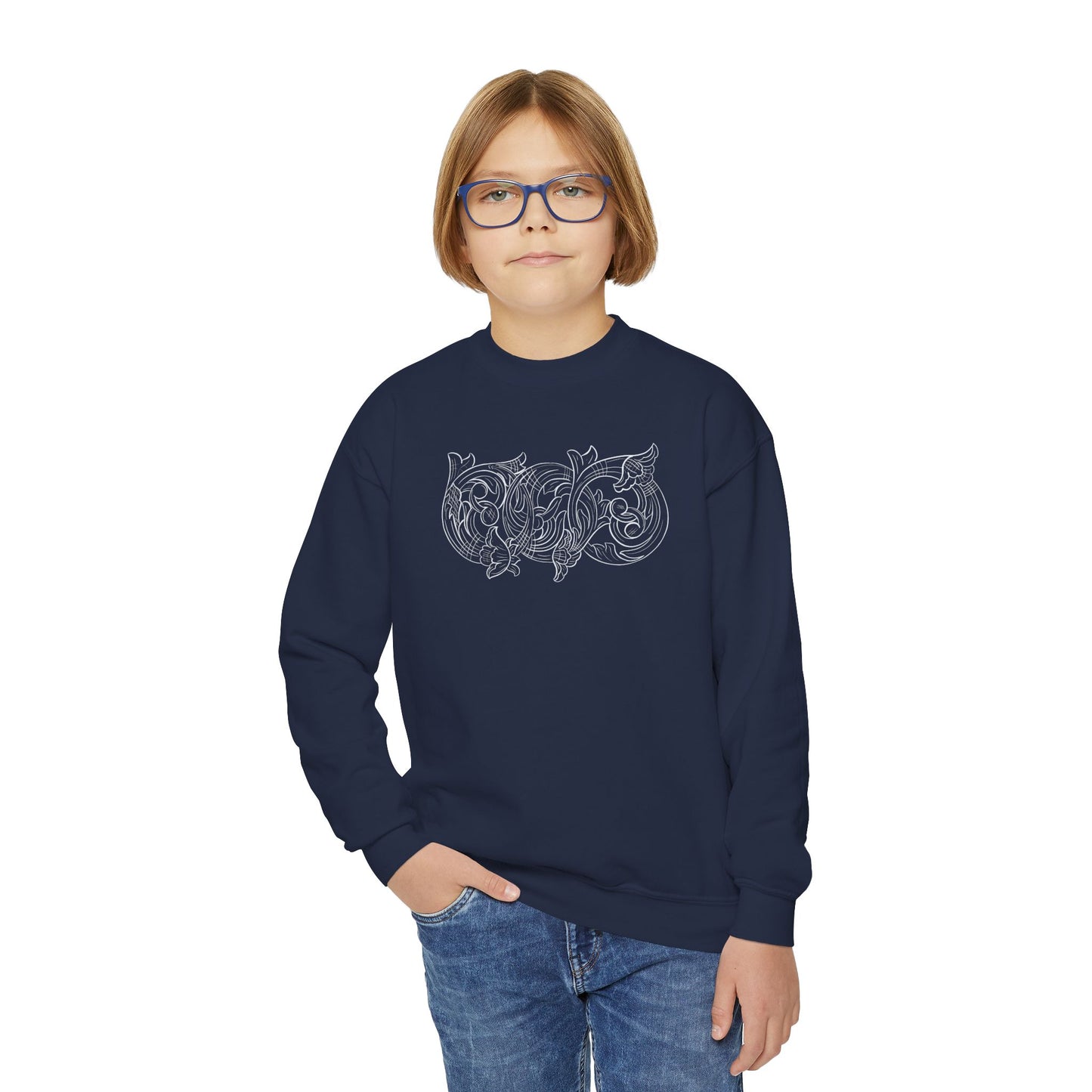 Youth Crewneck Sweatshirt — White Floral Owl Front & 'Rising Custom Leather' Cowboy Back