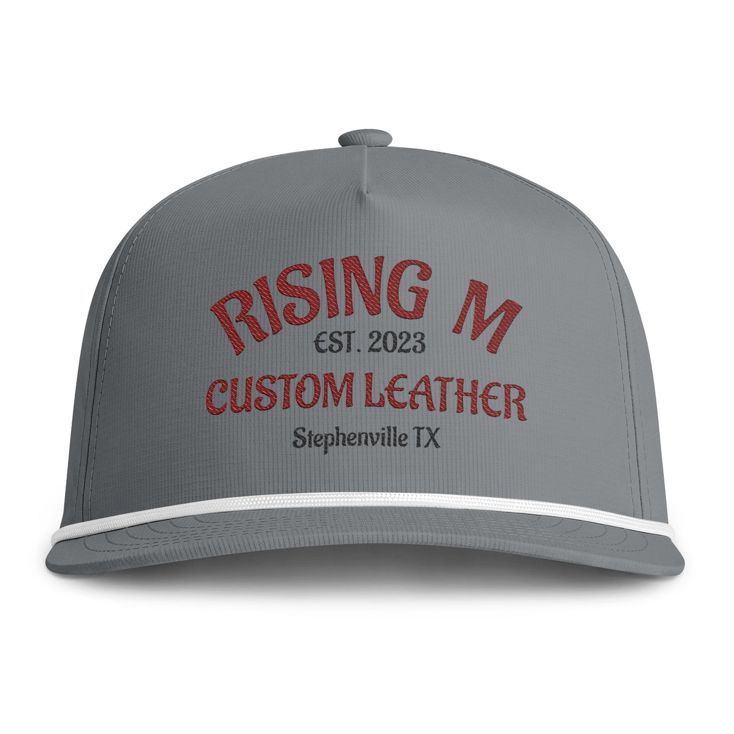 Rising M Custom Leather Rope Cap — Embroidered Sunwashed Trucker Hat (Stephenville TX)