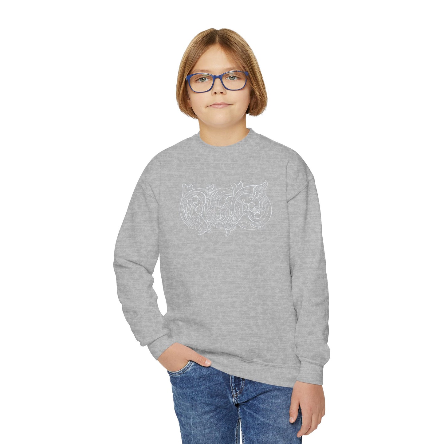 Youth Crewneck Sweatshirt — White Floral Owl Front & 'Rising Custom Leather' Cowboy Back