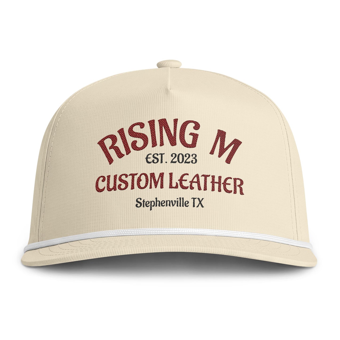 Rising M Custom Leather Rope Cap — Embroidered Sunwashed Trucker Hat (Stephenville TX)