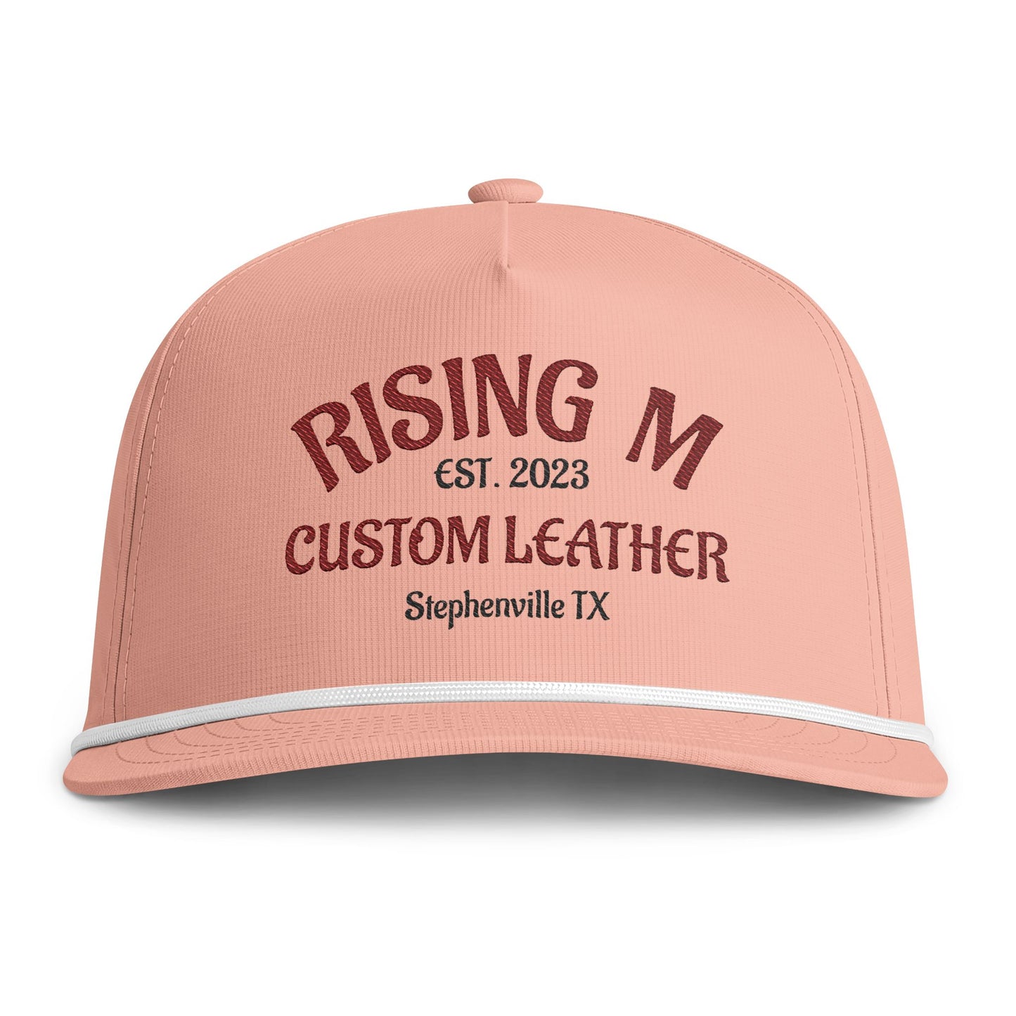 Rising M Custom Leather Rope Cap — Embroidered Sunwashed Trucker Hat (Stephenville TX)