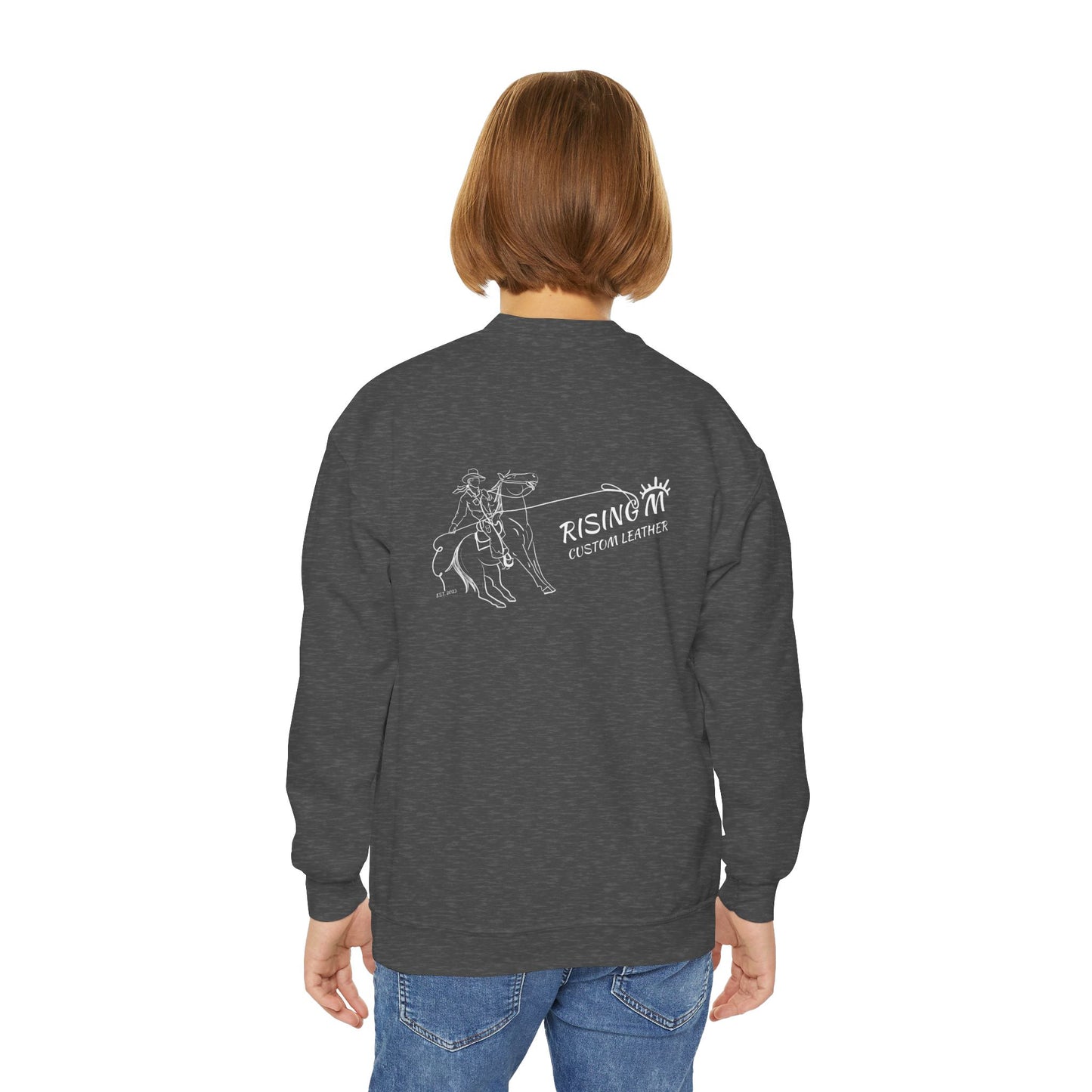Youth Crewneck Sweatshirt — White Floral Owl Front & 'Rising Custom Leather' Cowboy Back