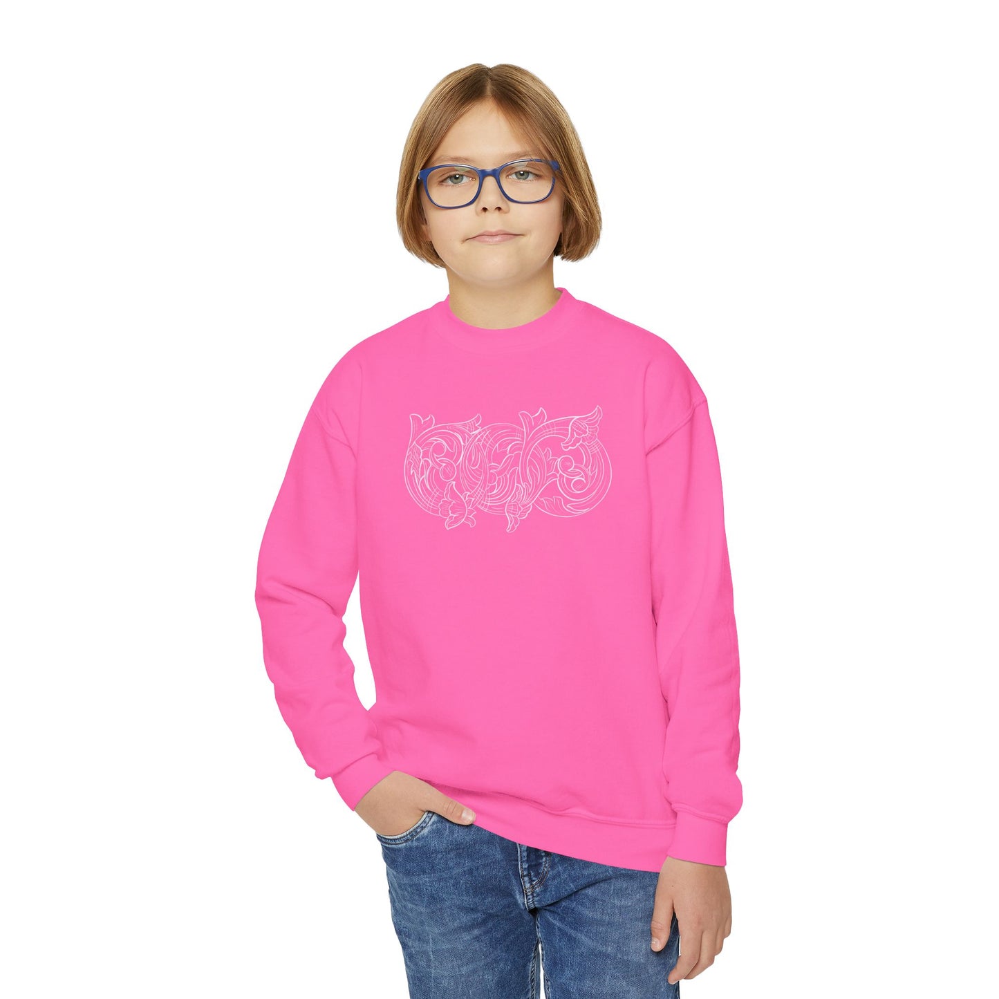 Youth Crewneck Sweatshirt — White Floral Owl Front & 'Rising Custom Leather' Cowboy Back