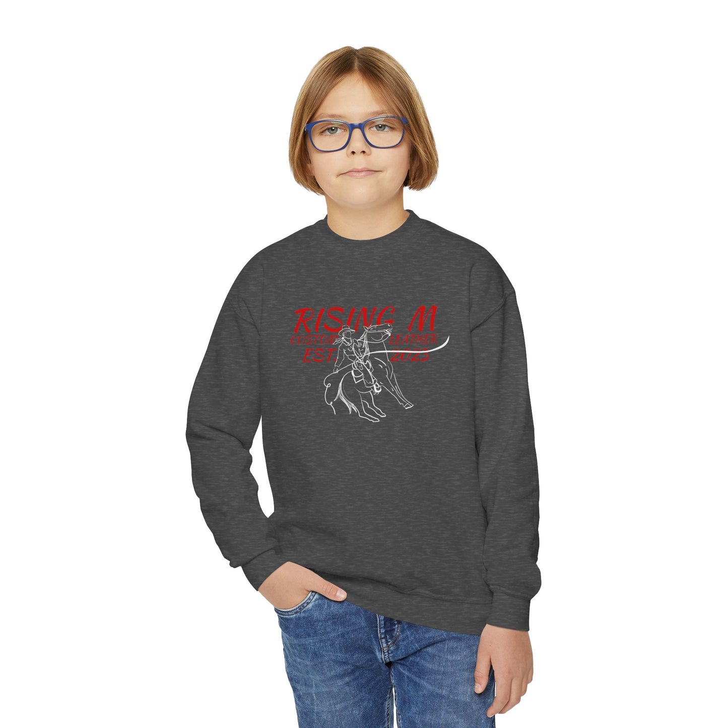 Youth Crewneck Sweatshirt - 'Rising' Rodeo Bull Rider Graphic