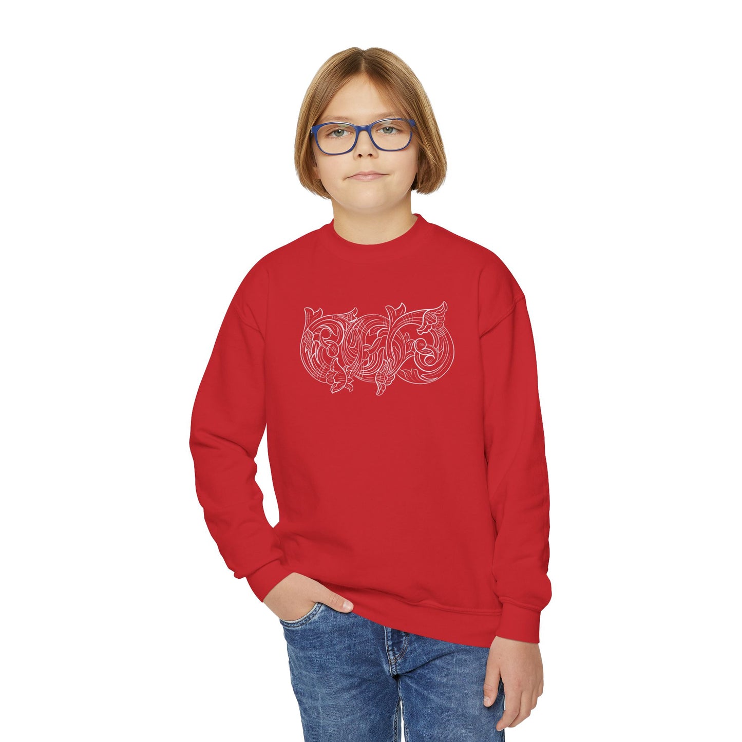 Youth Crewneck Sweatshirt — White Floral Owl Front & 'Rising Custom Leather' Cowboy Back