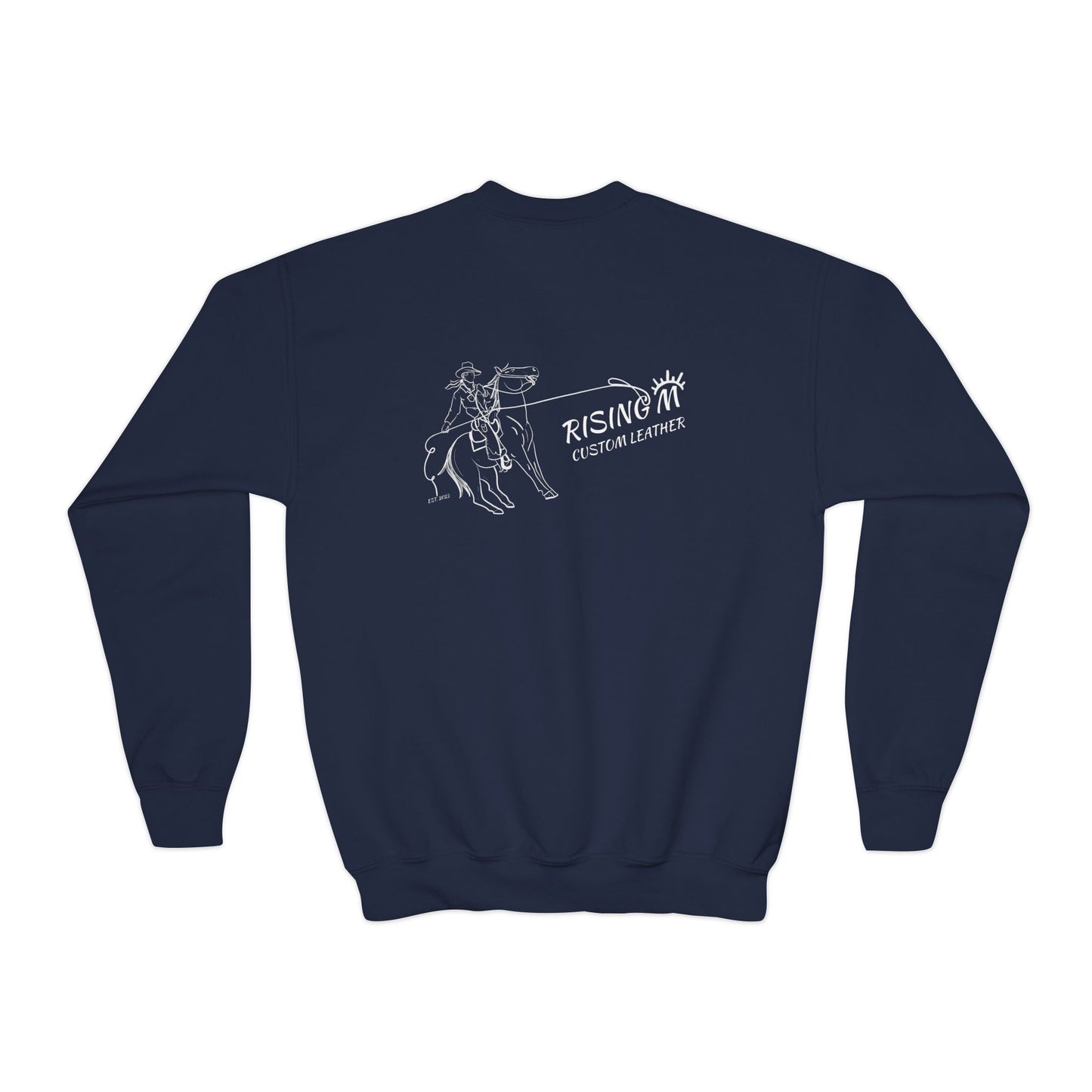 Youth Crewneck Sweatshirt — White Floral Owl Front & 'Rising Custom Leather' Cowboy Back