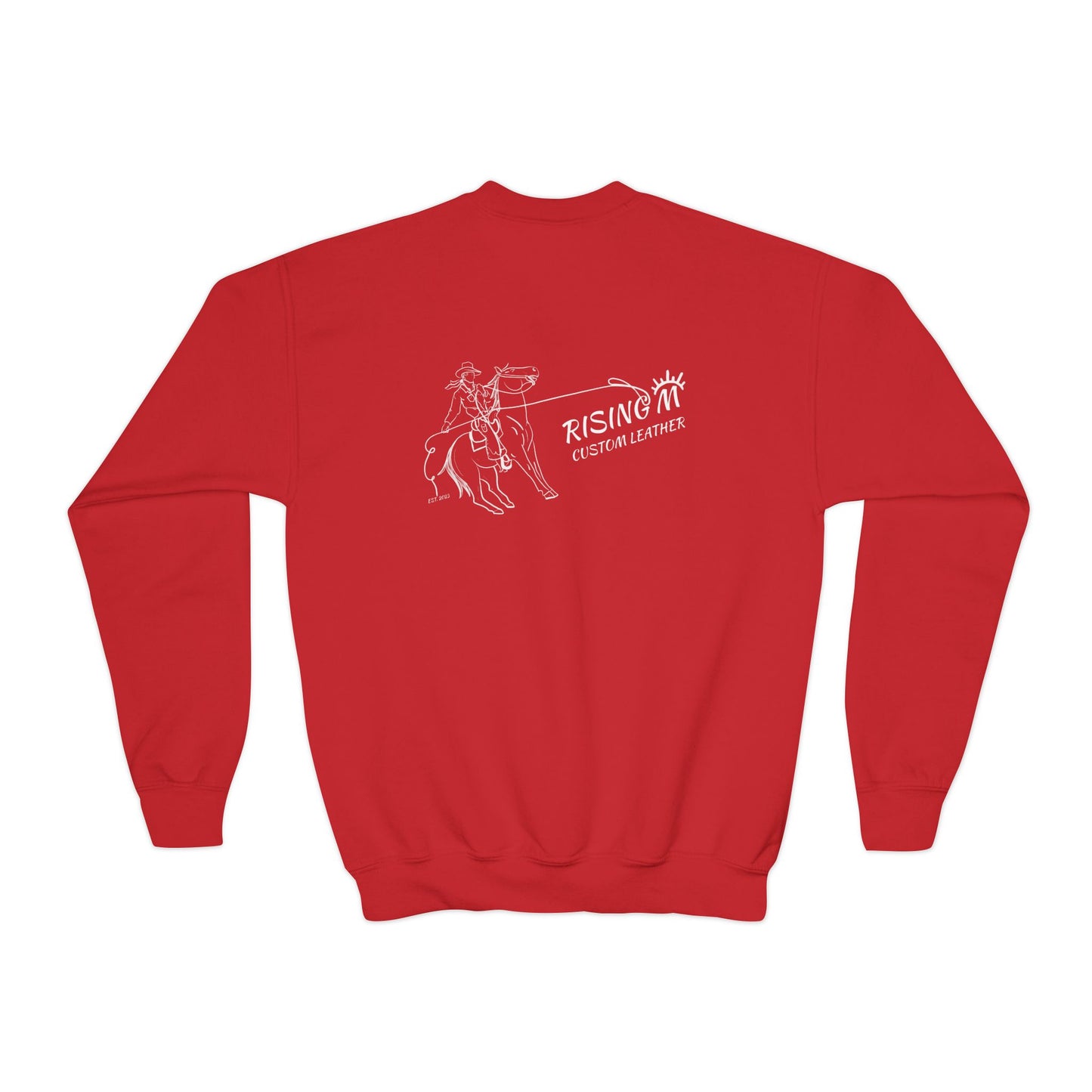 Youth Crewneck Sweatshirt — White Floral Owl Front & 'Rising Custom Leather' Cowboy Back