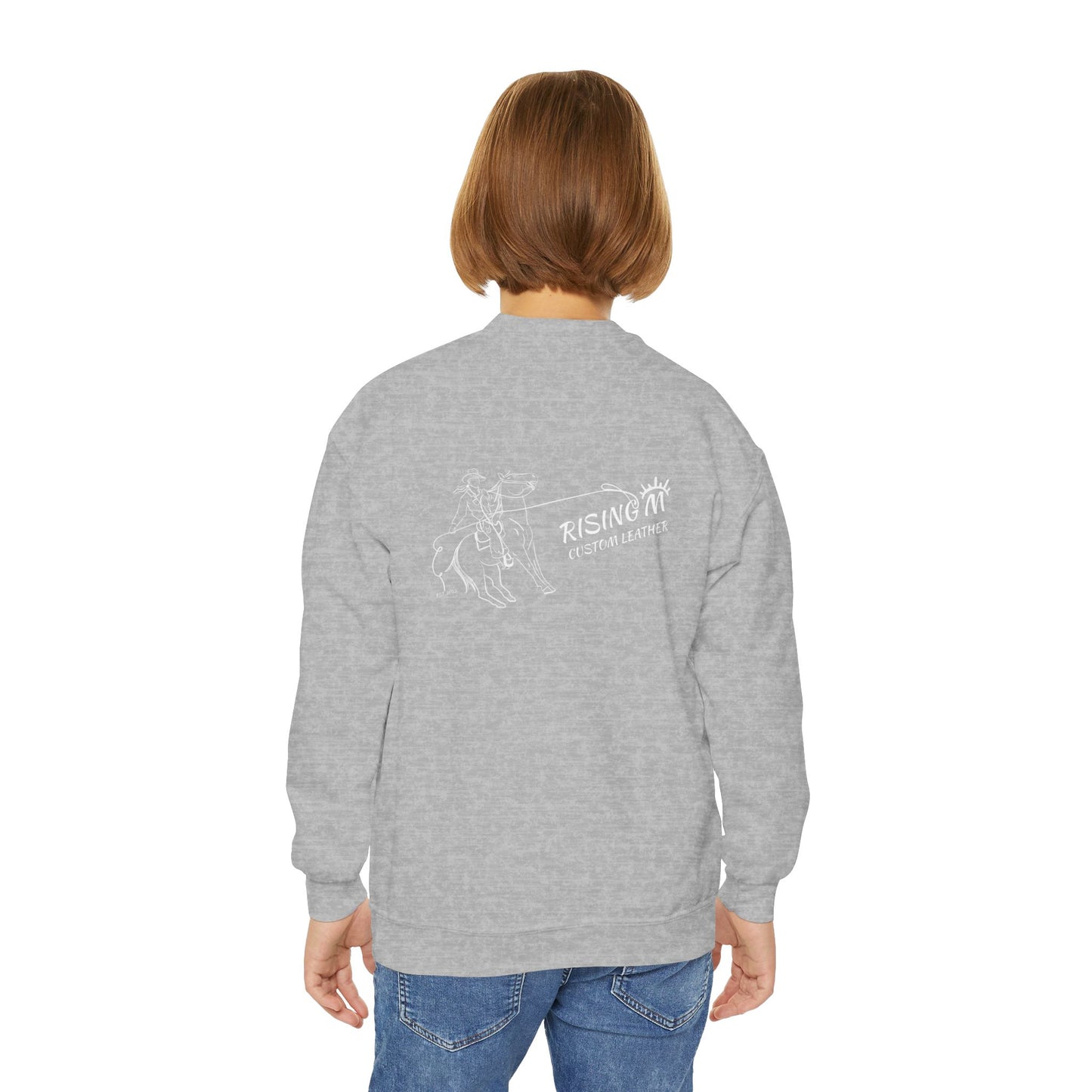Youth Crewneck Sweatshirt — White Floral Owl Front & 'Rising Custom Leather' Cowboy Back