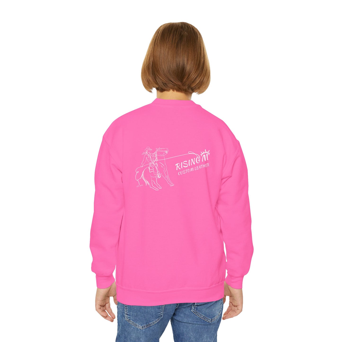 Youth Crewneck Sweatshirt — White Floral Owl Front & 'Rising Custom Leather' Cowboy Back