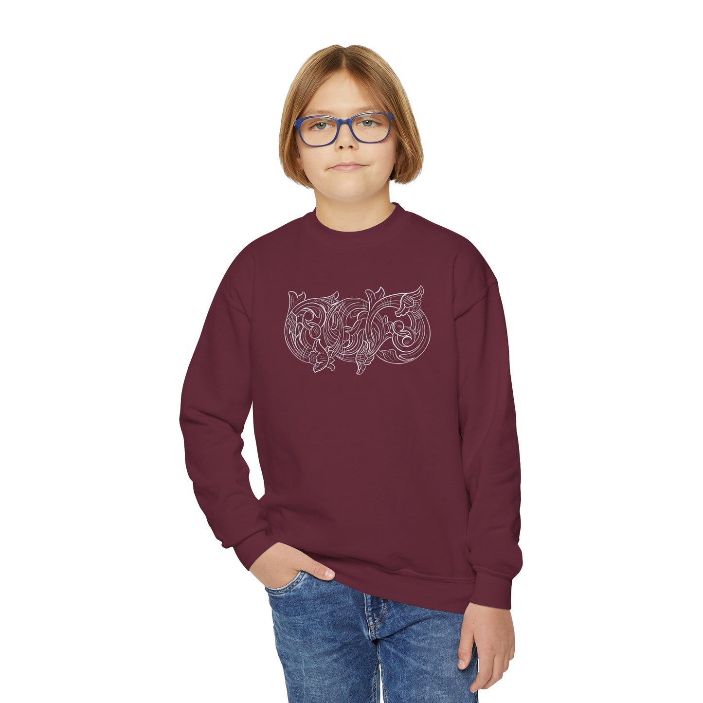 Youth Crewneck Sweatshirt — White Floral Owl Front & 'Rising Custom Leather' Cowboy Back