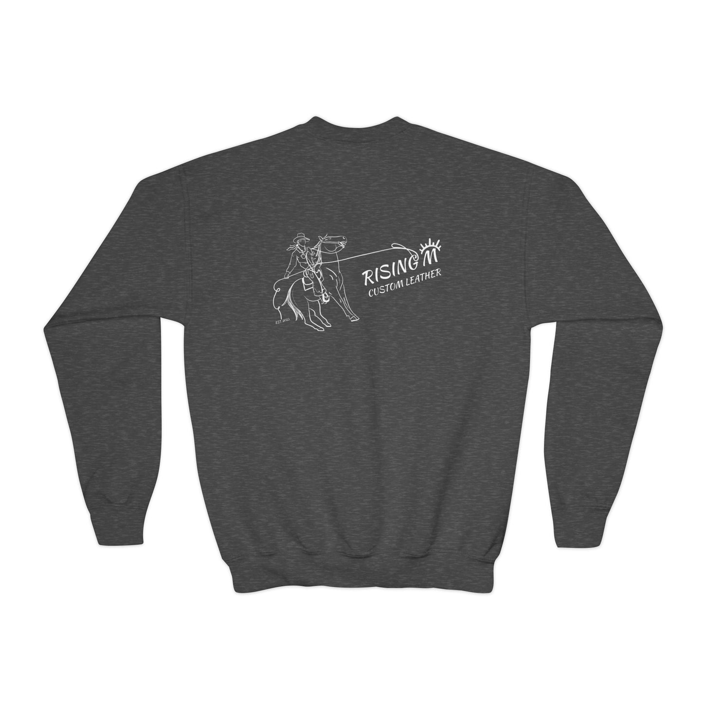 Youth Crewneck Sweatshirt — White Floral Owl Front & 'Rising Custom Leather' Cowboy Back