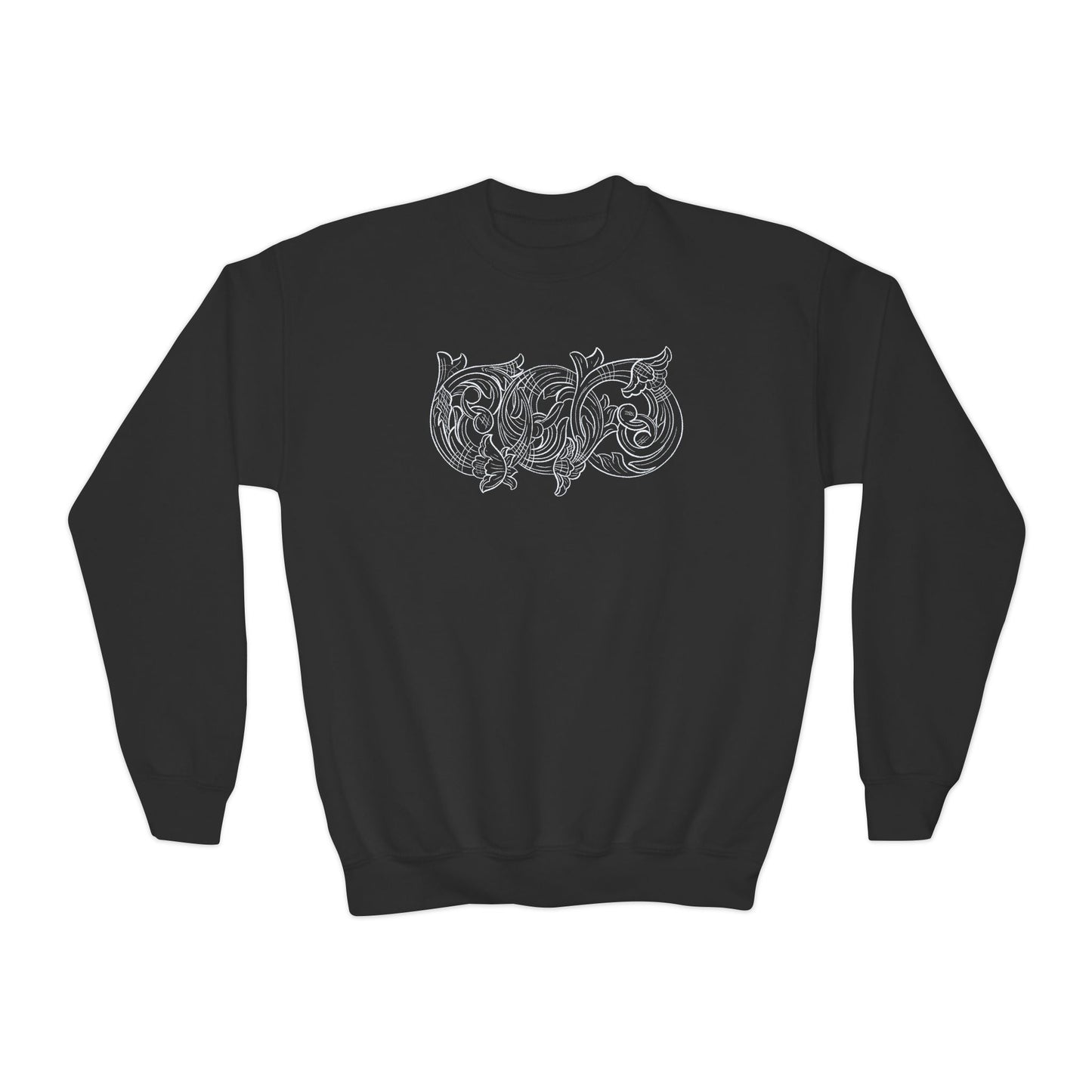 Youth Crewneck Sweatshirt — White Floral Owl Front & 'Rising Custom Leather' Cowboy Back