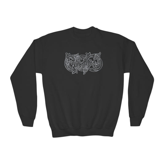 Youth Crewneck Sweatshirt — White Floral Owl Front & 'Rising Custom Leather' Cowboy Back