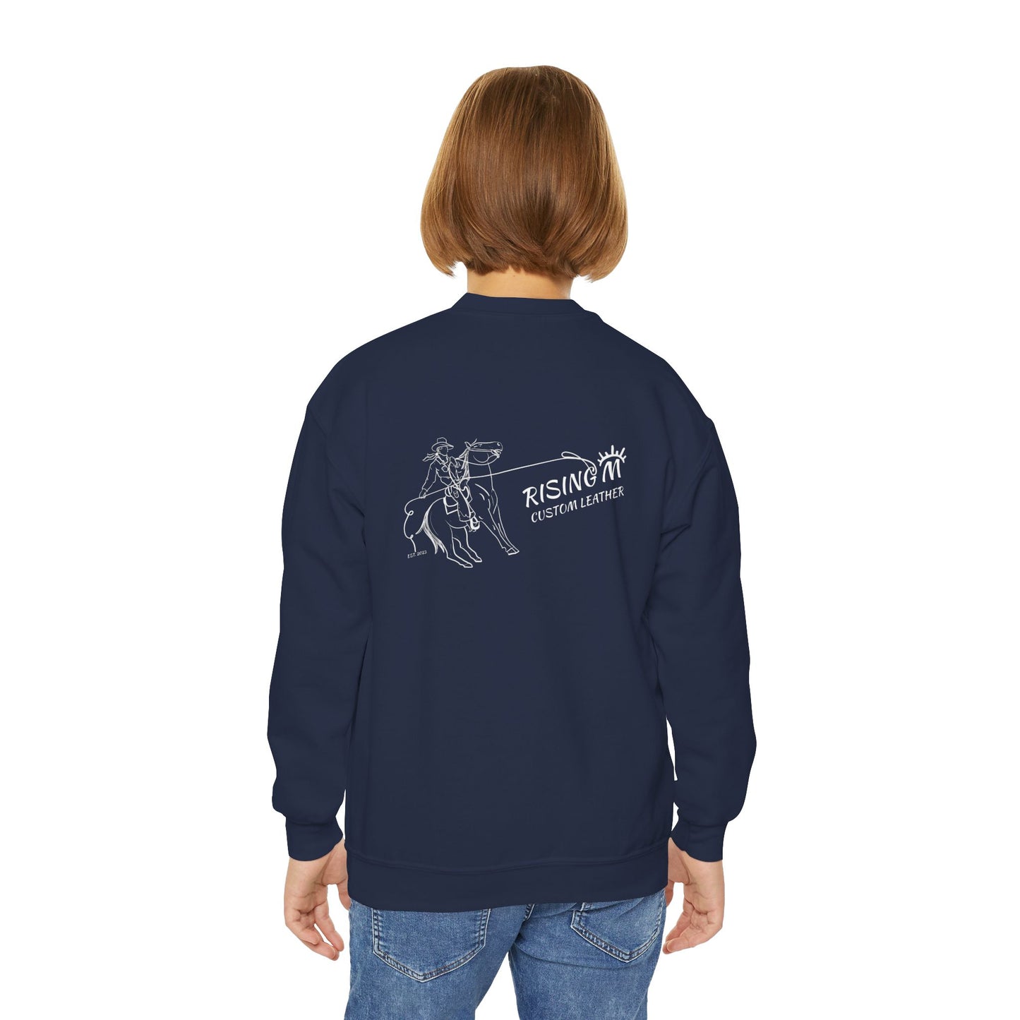 Youth Crewneck Sweatshirt — White Floral Owl Front & 'Rising Custom Leather' Cowboy Back