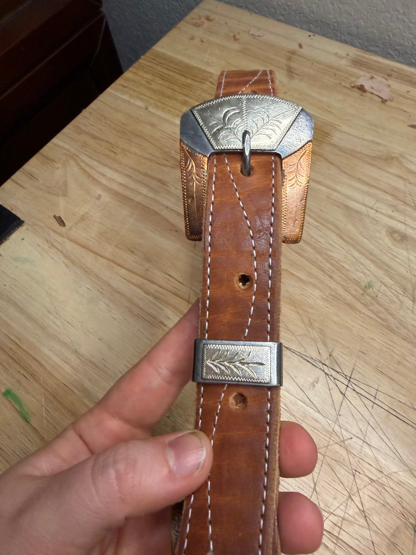 1 inch tan hobble belt with handmade hardware