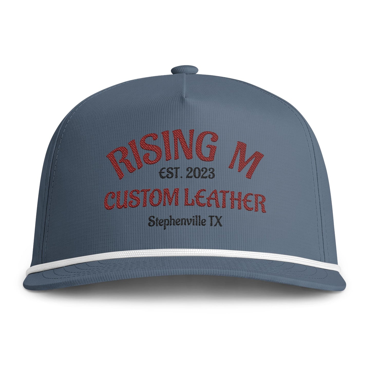 Rising M Custom Leather Rope Cap — Embroidered Sunwashed Trucker Hat (Stephenville TX)