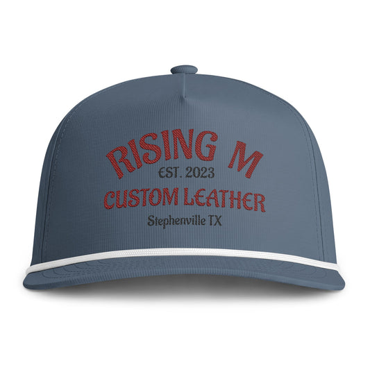 Rising M Custom Leather Rope Cap — Embroidered Sunwashed Trucker Hat (Stephenville TX)