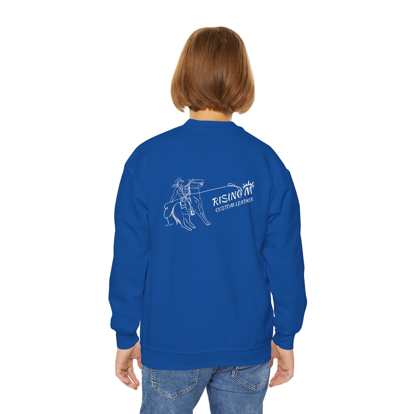 Youth Crewneck Sweatshirt — White Floral Owl Front & 'Rising Custom Leather' Cowboy Back