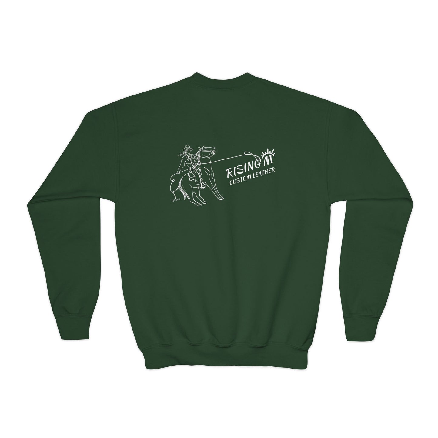 Youth Crewneck Sweatshirt — White Floral Owl Front & 'Rising Custom Leather' Cowboy Back