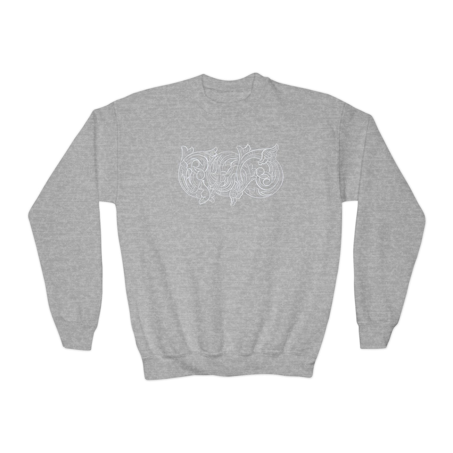 Youth Crewneck Sweatshirt — White Floral Owl Front & 'Rising Custom Leather' Cowboy Back