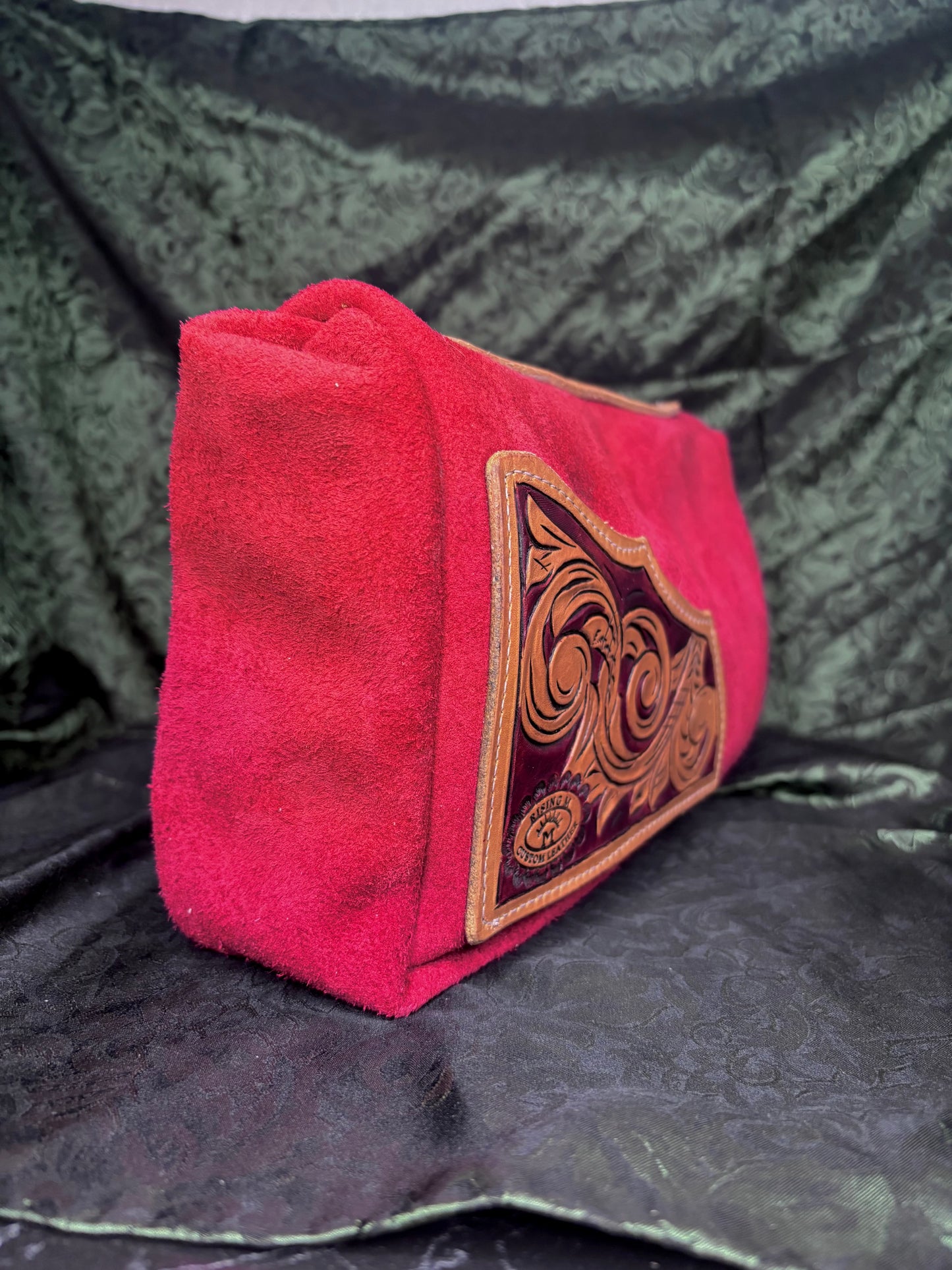 MADE TO ORDER Red suede tooled bag