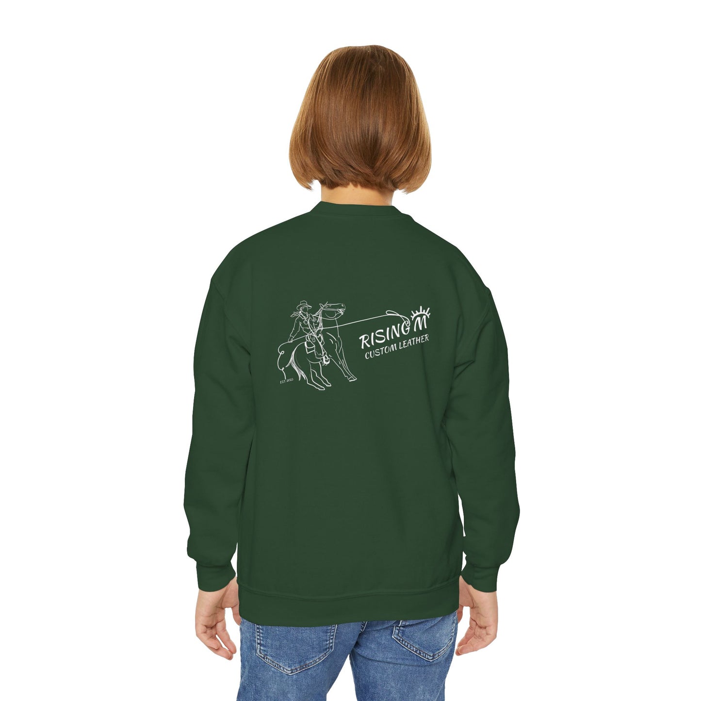 Youth Crewneck Sweatshirt — White Floral Owl Front & 'Rising Custom Leather' Cowboy Back