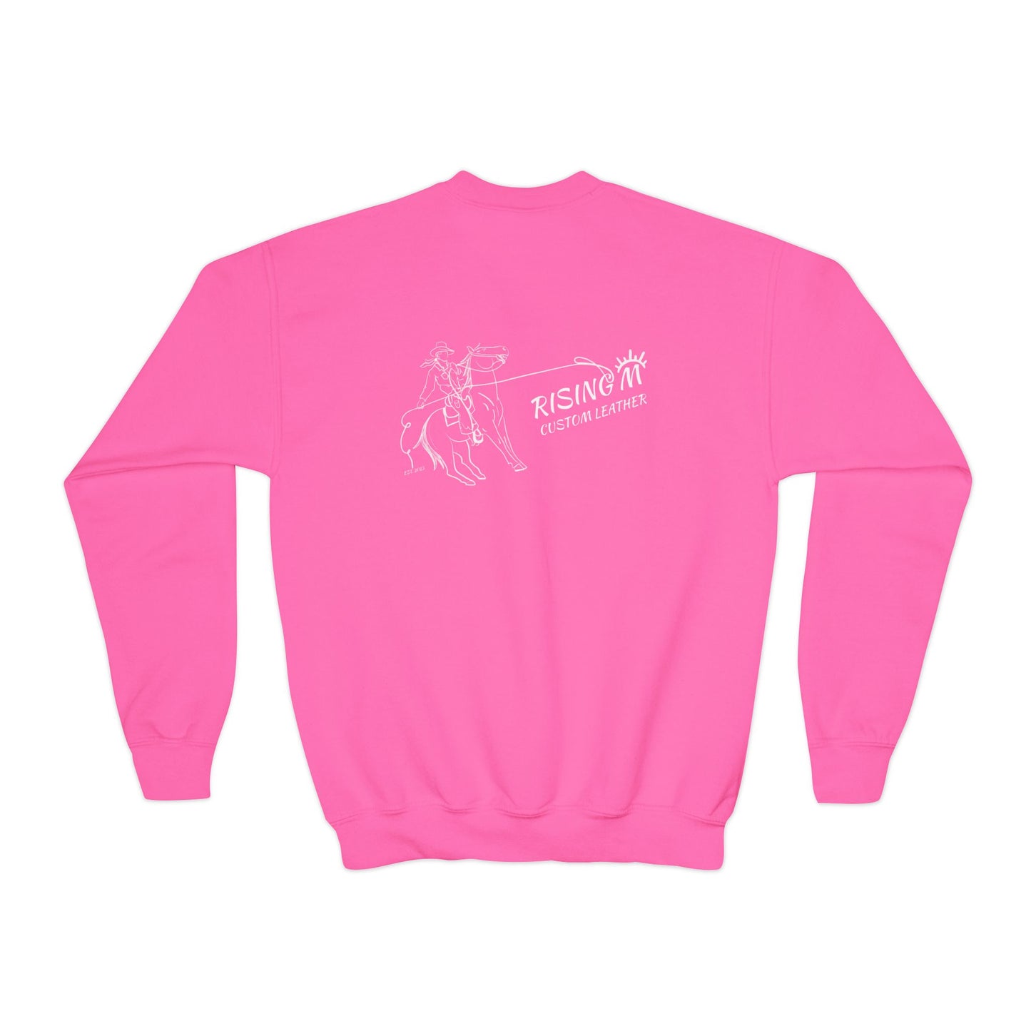 Youth Crewneck Sweatshirt — White Floral Owl Front & 'Rising Custom Leather' Cowboy Back