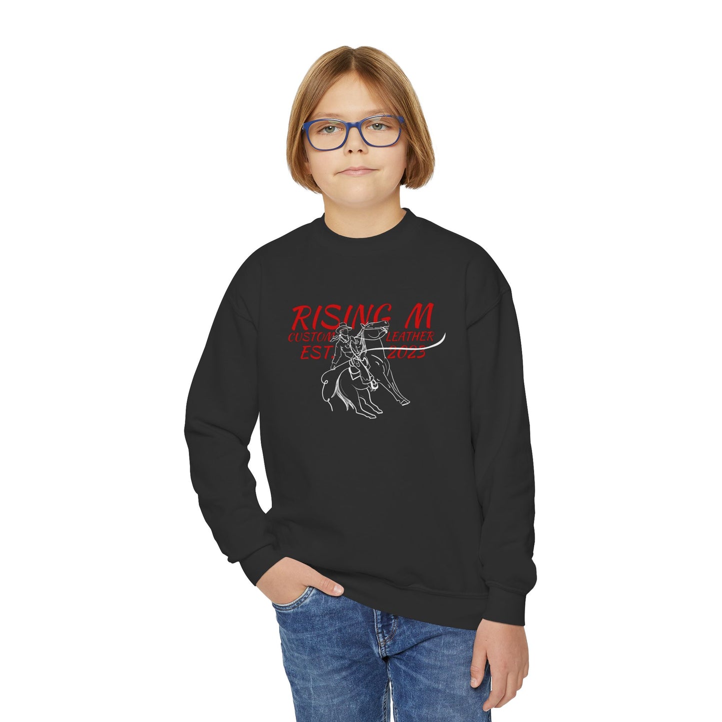 Youth Crewneck Sweatshirt - 'Rising' Rodeo Bull Rider Graphic