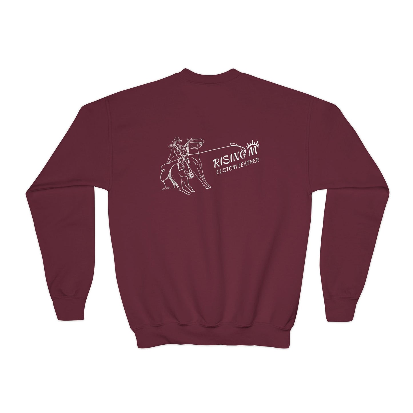 Youth Crewneck Sweatshirt — White Floral Owl Front & 'Rising Custom Leather' Cowboy Back