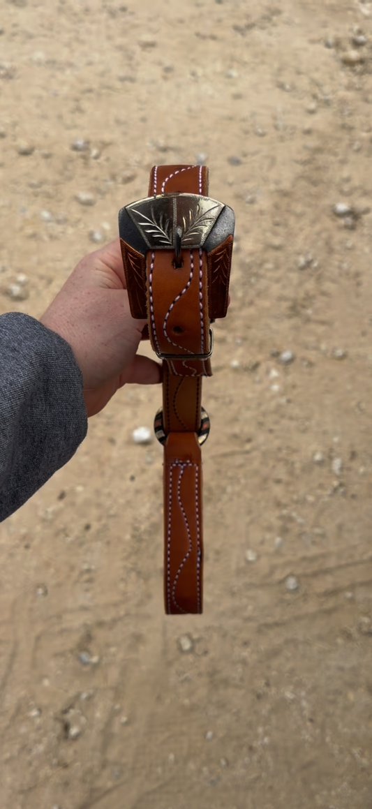 1 inch tan hobble belt with handmade hardware