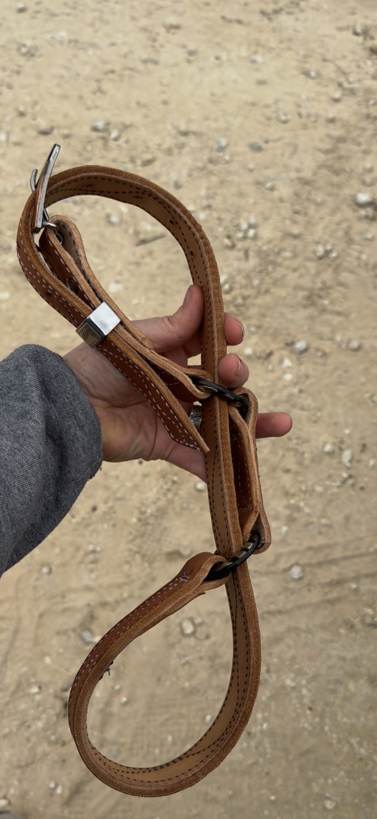 1 inch tan hobble belt with handmade hardware